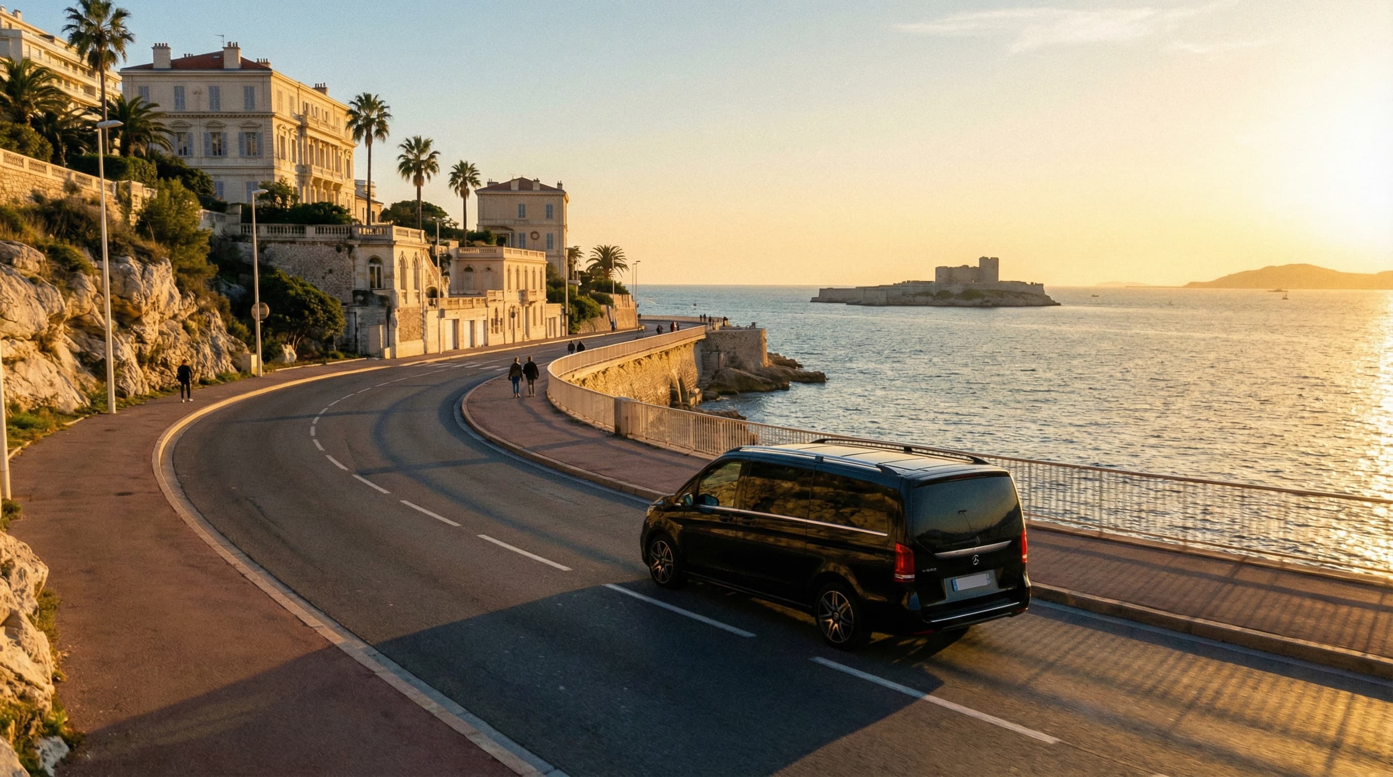 Mercedes Vito Jibni sur la Corniche Kennedy Marseille au coucher de soleil